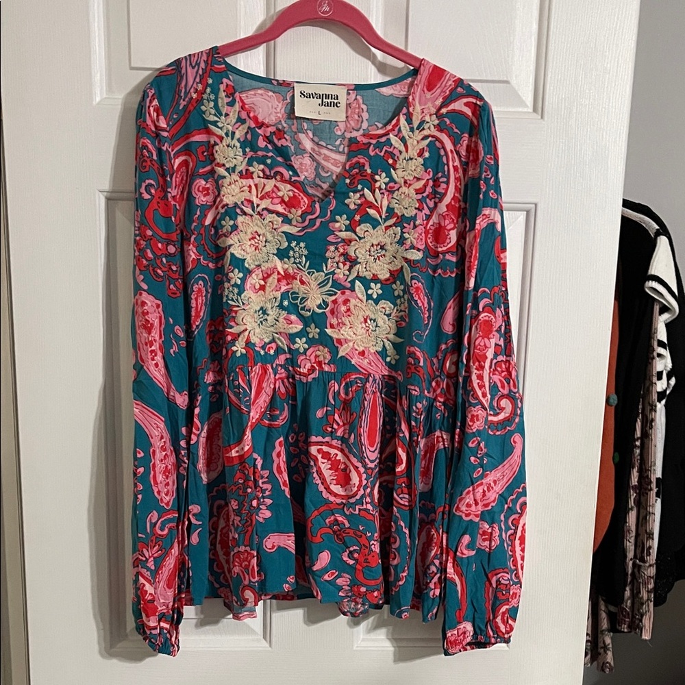 Savanna Jane Teal Floral-Paisley Peplum Long Sleeve Top - Pink & Cream Accents